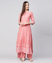 Peach printed 3/4th sleeve cotton kurta with ankle length printed pallazo