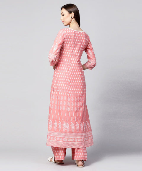 Peach printed 3/4th sleeve cotton kurta with ankle length printed pallazo