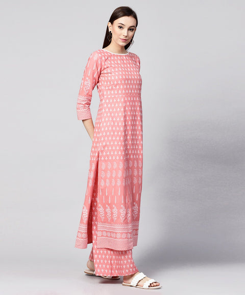 Peach printed 3/4th sleeve cotton kurta with ankle length printed pallazo