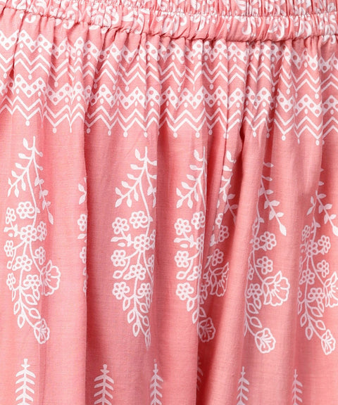 Peach printed 3/4th sleeve cotton kurta with ankle length printed pallazo