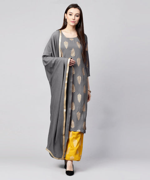 Grey printed 3/4th sleeve cotton kurta with yellow printed pallazo and grey dupatta