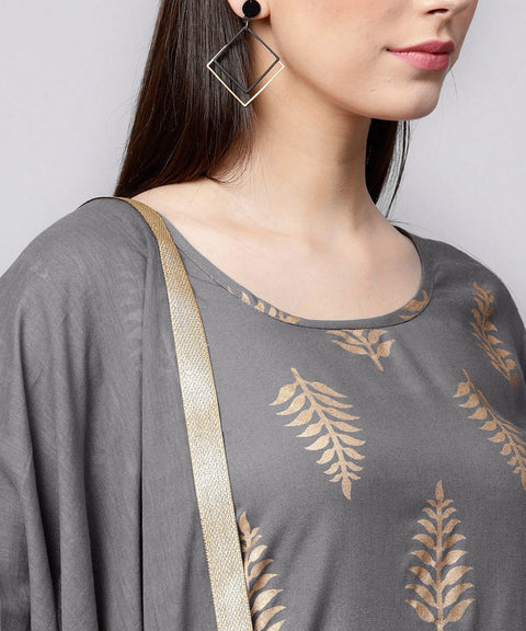 Grey printed 3/4th sleeve cotton kurta with yellow printed pallazo and grey dupatta