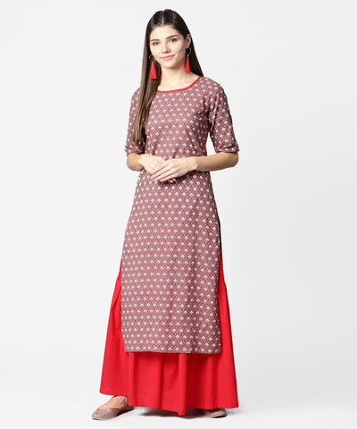 Brown printed half sleeve cotton kurta with maroon solid palazzo