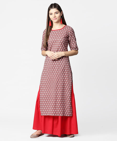 Brown printed half sleeve cotton kurta with maroon solid palazzo