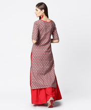 Brown printed half sleeve cotton kurta with maroon solid palazzo