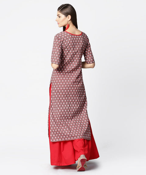 Brown printed half sleeve cotton kurta with maroon solid palazzo