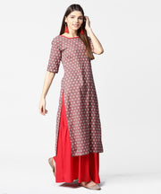 Brown printed half sleeve cotton kurta with maroon solid palazzo