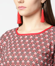 Brown printed half sleeve cotton kurta with maroon solid palazzo