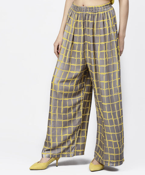 Grey & Yellow checked cotton ankle length pallazo
