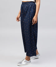 Navy blue printed cotton ankle length pallazo