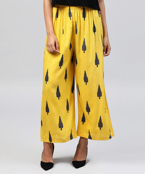 Yellow printed ankle length cotton straight pallazo