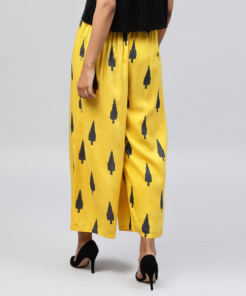 Yellow printed ankle length cotton straight pallazo