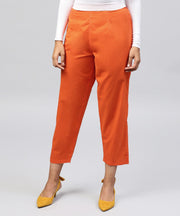 Solid Orange ankle length cotton regular fit trouser