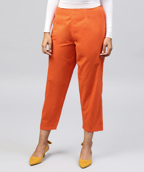 Solid Orange ankle length cotton regular fit trouser