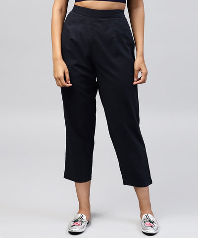 Navy Blue ankle length cotton regular fit trouser