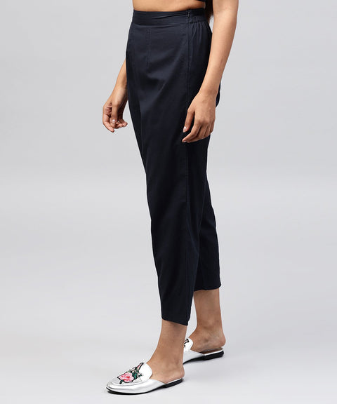 Navy Blue ankle length cotton regular fit trouser