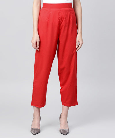 Solid red ankle length cotton regular fit trouser