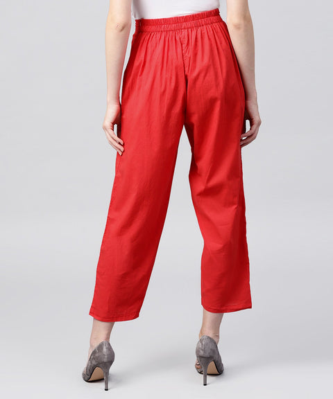 Solid red ankle length cotton regular fit trouser