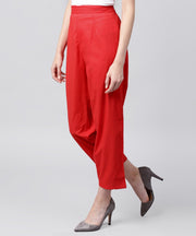 Solid red ankle length cotton regular fit trouser