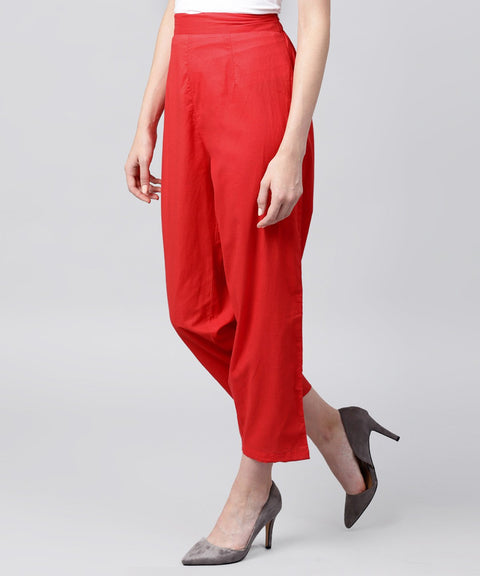 Solid red ankle length cotton regular fit trouser