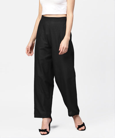 Solid Black ankle length cotton regular fit trouser