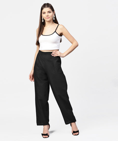 Solid Black ankle length cotton regular fit trouser