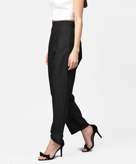Solid Black ankle length cotton regular fit trouser