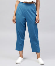 Solid blue ankle length cotton regular fit trouser