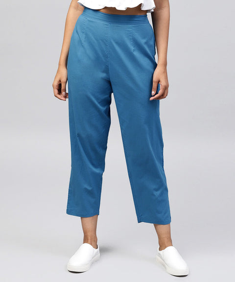 Solid blue ankle length cotton regular fit trouser