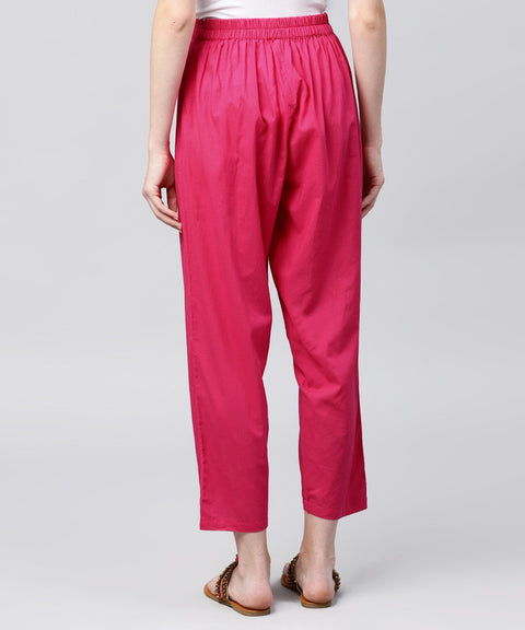 Solid Pink ankle length cotton regular fit trouser