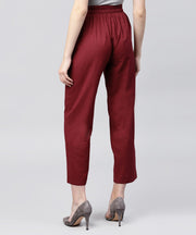 Solid maroon ankle length cotton regular fit trouser