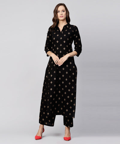 Black printed 3/4th sleeve cotton kurta with printed pallazo