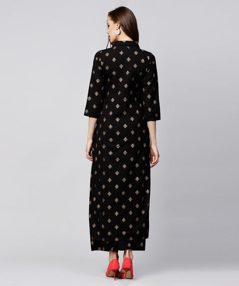 Black printed 3/4th sleeve cotton kurta with printed pallazo