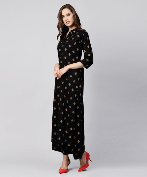Black printed 3/4th sleeve cotton kurta with printed pallazo