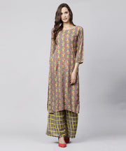 Grey printed 3/4th sleeve cotton kurta with grey checked pallazo