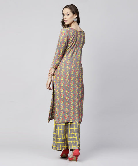 Grey printed 3/4th sleeve cotton kurta with grey checked pallazo