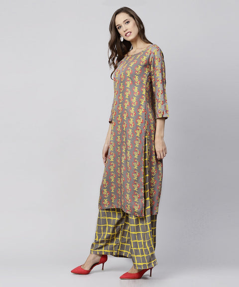 Grey printed 3/4th sleeve cotton kurta with grey checked pallazo