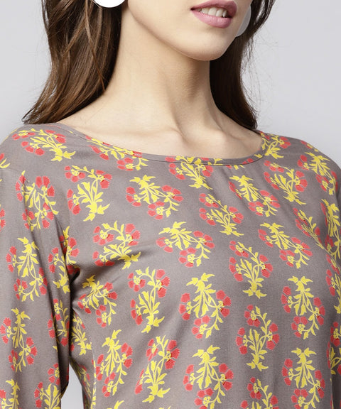 Grey printed 3/4th sleeve cotton kurta with grey checked pallazo