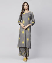 Grey printed 3/4th sleeve cotton kurta with grey printed pallazo