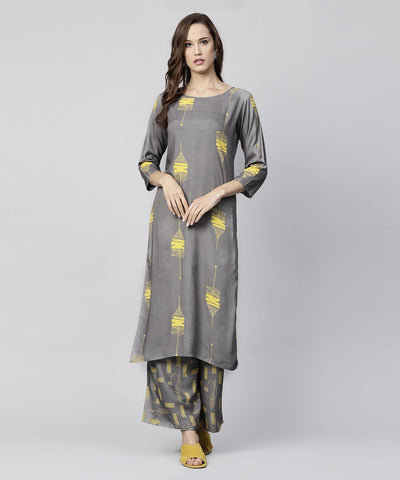 Grey printed 3/4th sleeve cotton kurta with grey printed pallazo