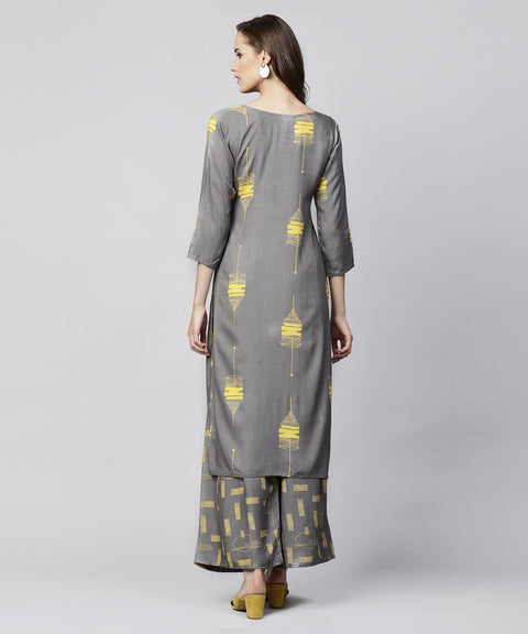 Grey printed 3/4th sleeve cotton kurta with grey printed pallazo