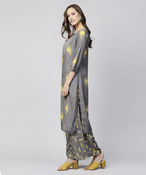 Grey printed 3/4th sleeve cotton kurta with grey printed pallazo