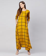 Yellow checked 3/4th sleeve cotton A-line kurta