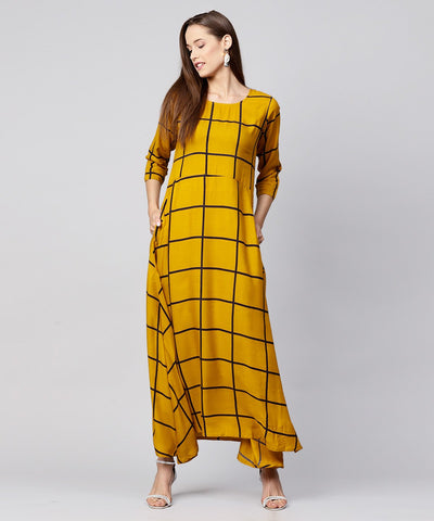 Yellow checked 3/4th sleeve cotton A-line kurta