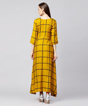 Yellow checked 3/4th sleeve cotton A-line kurta