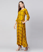 Yellow checked 3/4th sleeve cotton A-line kurta