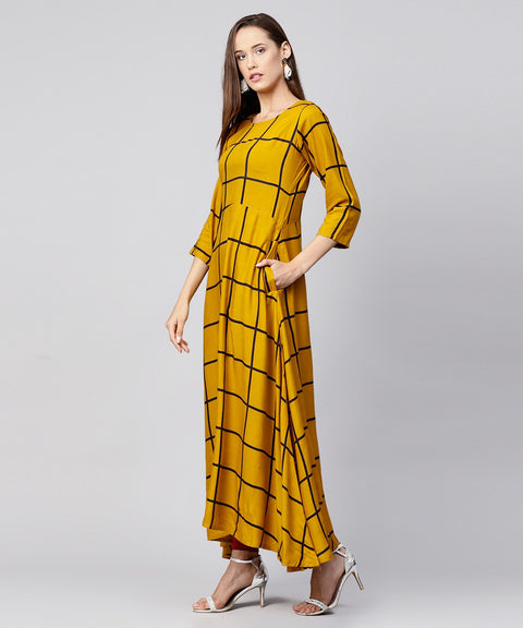 Yellow checked 3/4th sleeve cotton A-line kurta