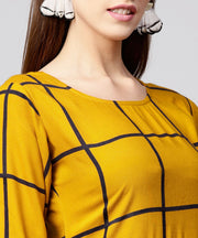 Yellow checked 3/4th sleeve cotton A-line kurta