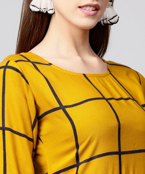 Yellow checked 3/4th sleeve cotton A-line kurta
