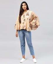 Yellow front open banglori printed poncho tops